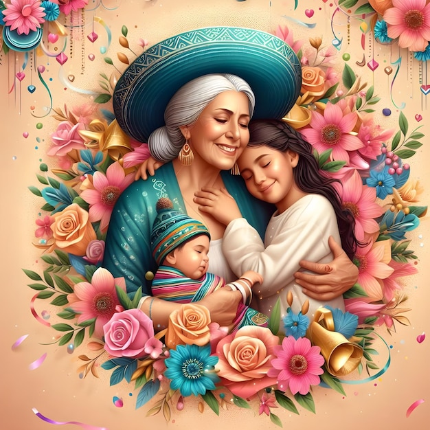 un dipinto di una donna e dei suoi figli con fiori e una donna che tiene un bambino