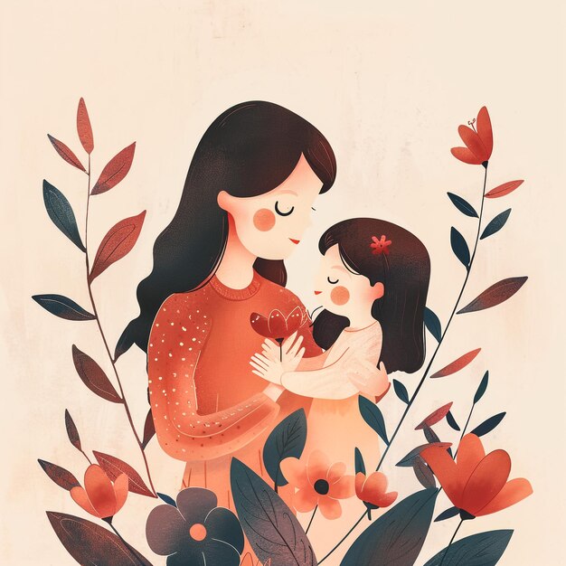 un dipinto di una donna e un bambino con fiori e una ragazza con un cuore sul petto