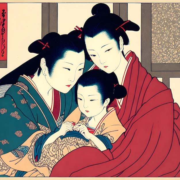 Un dipinto di una donna e un bambino con le parole geisha sul fondo