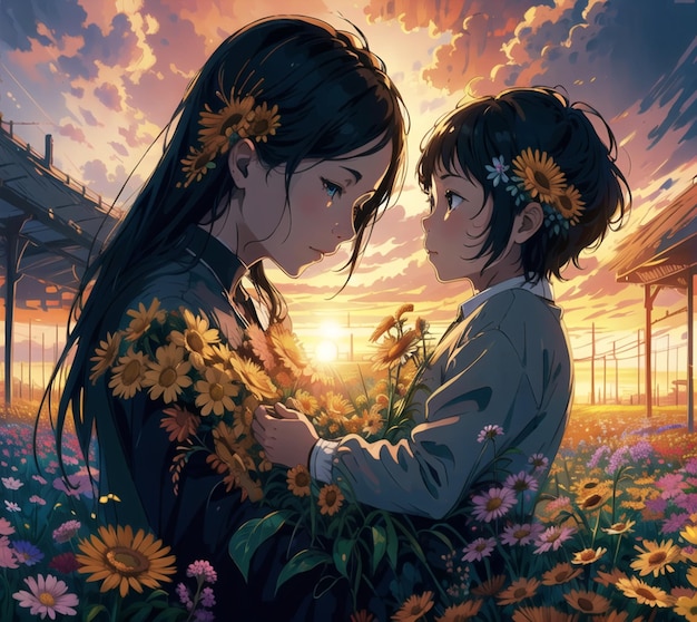 Un dipinto di una donna e un bambino in un campo di fiori.