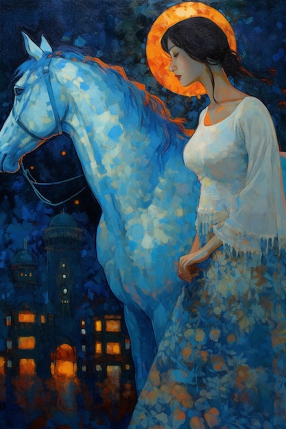 Un dipinto di una donna e un cavallo