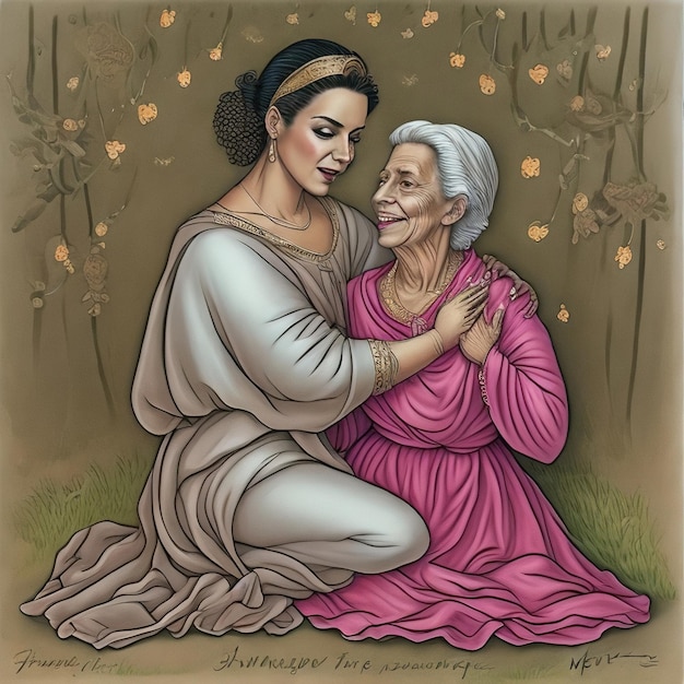 Un dipinto di una donna e una donna anziana.