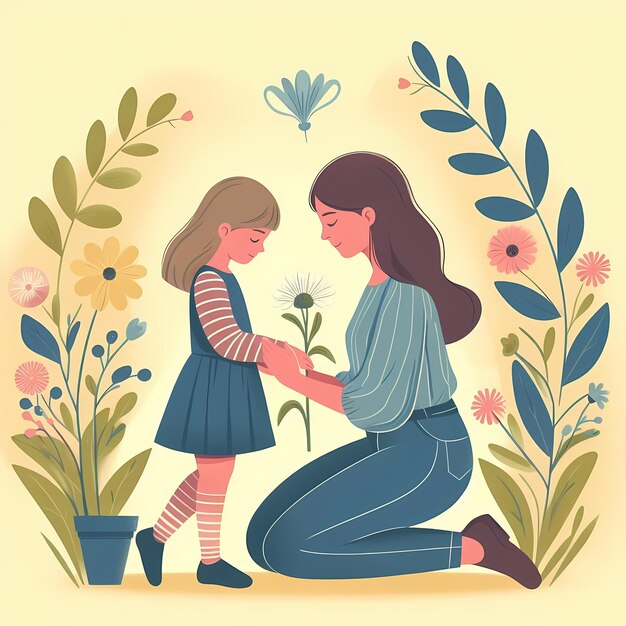 un dipinto di una donna e una ragazzina con fiori e un fiore