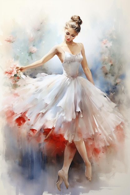 un dipinto di una donna in abito bianco con fiori sullo sfondo