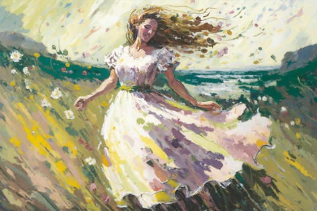 Un dipinto di una donna in abito bianco con sopra la parola "mare".