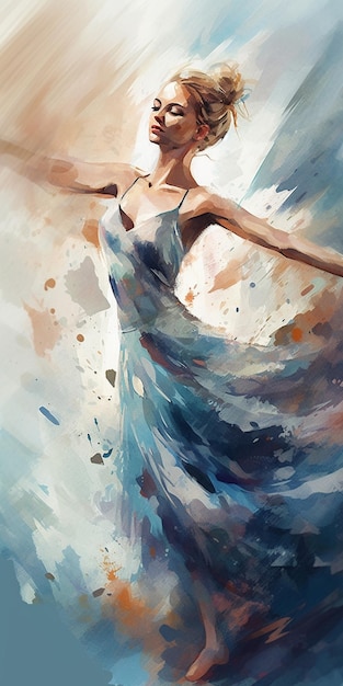 Un dipinto di una donna in abito blu con sopra la parola danza