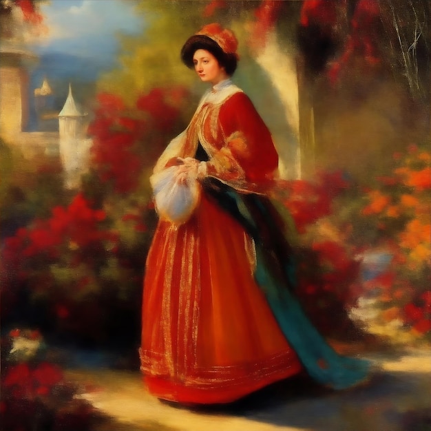 un dipinto di una donna in abito rosso con un cappello bianco.