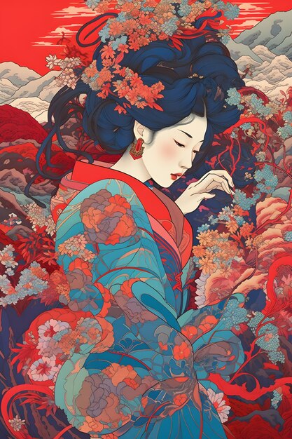 Un dipinto di una donna in kimono con fiori sul davanti