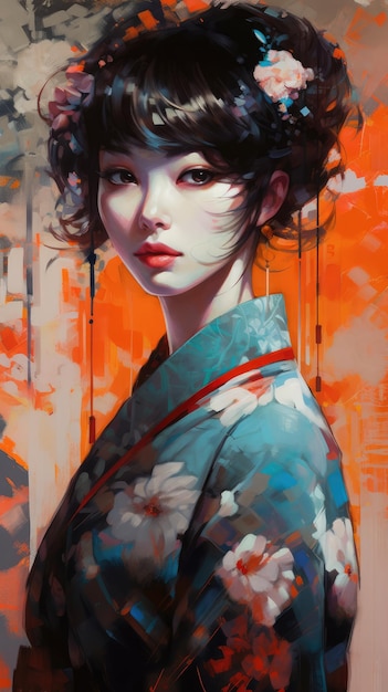 Un dipinto di una donna in kimono con fiori sul davanti.