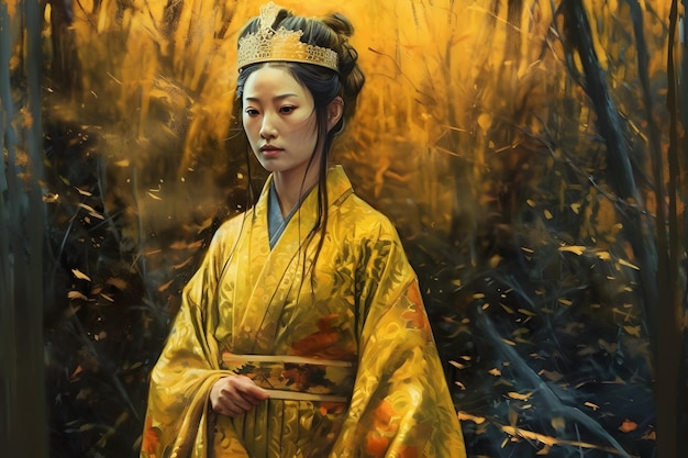 Un dipinto di una donna in kimono giallo con una corona d'oro in testa.