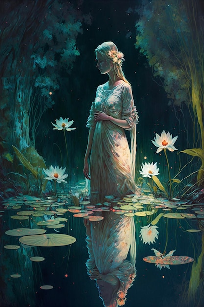 Un dipinto di una donna in piedi in uno stagno con fiori bianchi sul fondo.