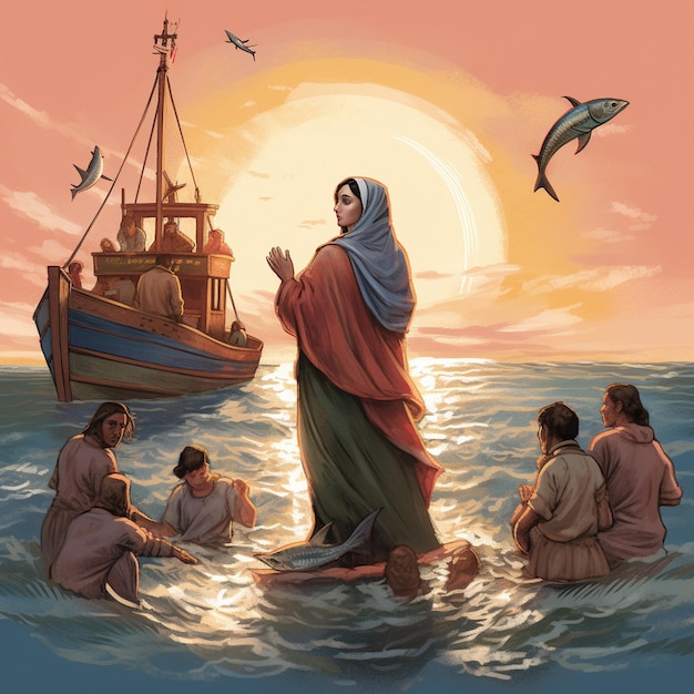 Un dipinto di una donna in piedi nell'acqua con una barca sullo sfondo.