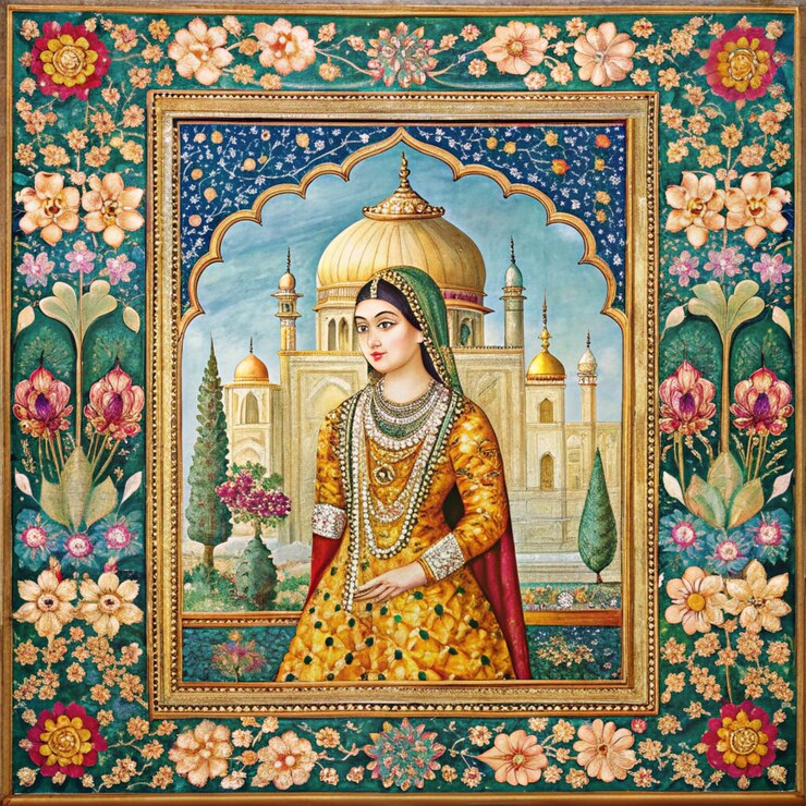 un dipinto di una donna in un sari d'oro con fiori sullo sfondo