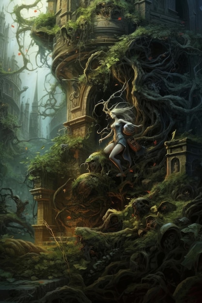 Un dipinto di una donna in una foresta con un albero che cresce su di esso.