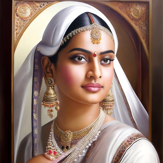 Un dipinto di una donna indiana con un sari bianco e gioielli d'oro