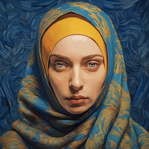 Un dipinto di una donna musulmana con un hijab in stile van gogh