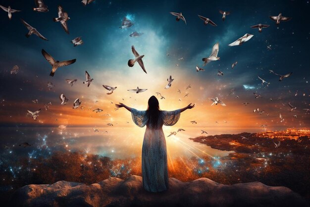 un dipinto di una donna nel cielo con il sole e le colombe che volano attorno a lui