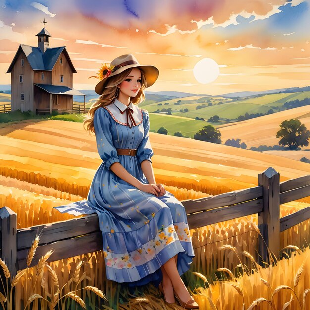 un dipinto di una donna seduta su una recinzione in un campo con una chiesa sullo sfondo