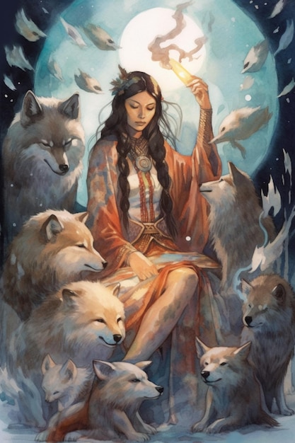Un dipinto di una donna seduta su una roccia circondata da lupi generativo ai