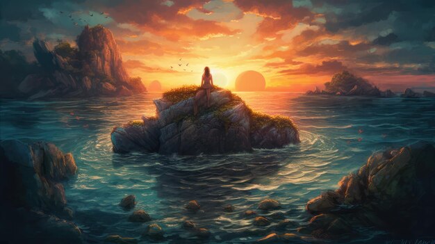 Un dipinto di una donna seduta su una roccia nell'oceano.
