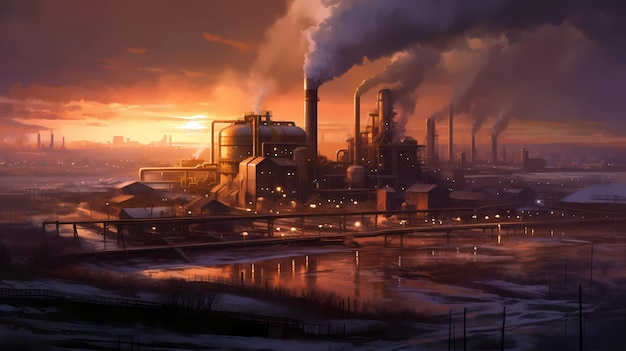Un dipinto di una fabbrica con fumo che ne esce.