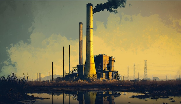 Un dipinto di una fabbrica da cui esce del fumo.
