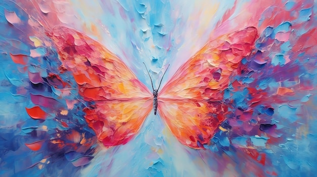 Un dipinto di una farfalla con sfondo blu e ali rosa.