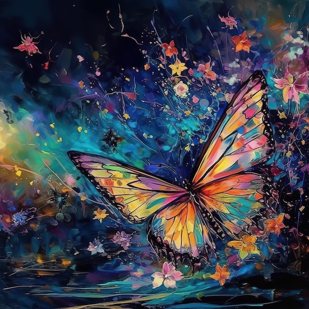 Un dipinto di una farfalla con sopra un arcobaleno e delle stelle.