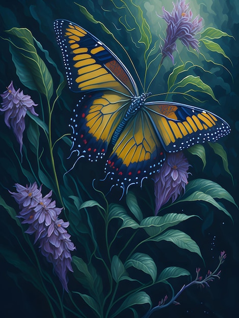 Un dipinto di una farfalla monarca su un fiore viola.