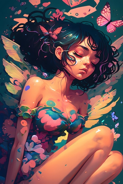 Un dipinto di una fata con una farfalla sulle ali.