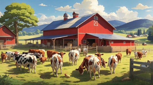 un dipinto di una fattoria con mucche al pascolo sull'erba e un fienile