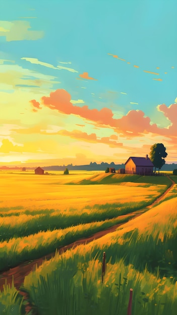 Un dipinto di una fattoria e un tramonto