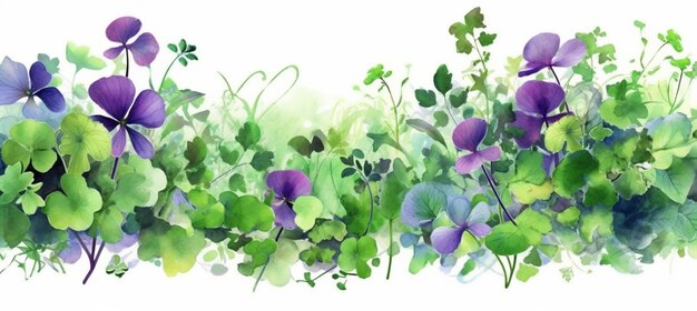 un dipinto di una fila di fiori viola e verdi generativo ai