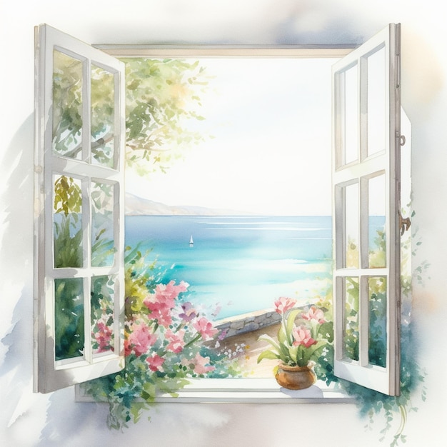 Un dipinto di una finestra con dei fiori sopra