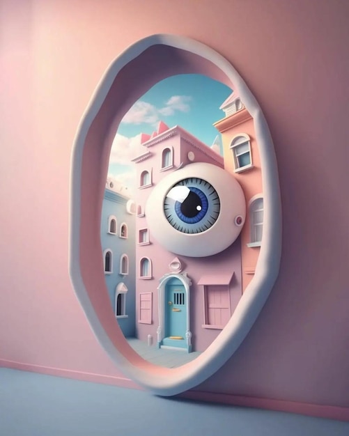 Un dipinto di una finestra con un grande occhio e un edificio sullo sfondo.