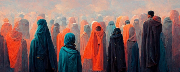 Un dipinto di una folla di persone con copertine arancioni e blu