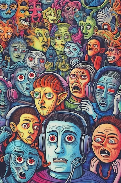 Un dipinto di una folla di persone con facce e orecchie che dicono "non sono un robot"