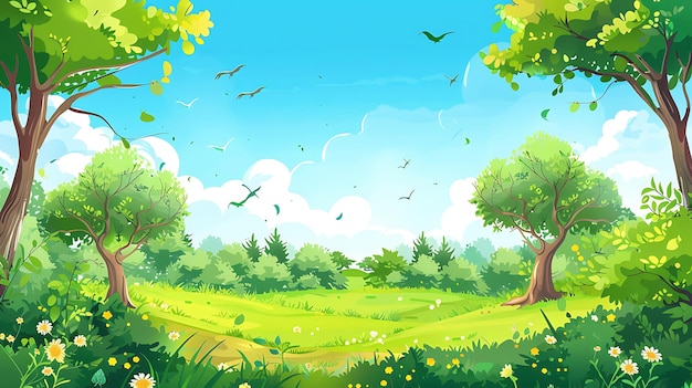un dipinto di una foresta con alberi e un cielo blu con uccelli che volano sopra
