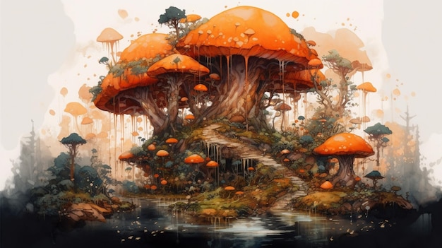 Un dipinto di una foresta con funghi arancioni
