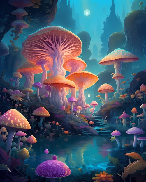 Un dipinto di una foresta con funghi e un fiume azzurro