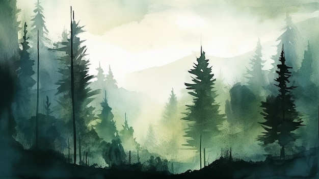 Un dipinto di una foresta con le montagne sullo sfondo