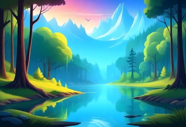 un dipinto di una foresta con montagne e alberi