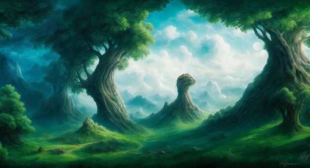 Un dipinto di una foresta con un albero e un cielo con nuvole