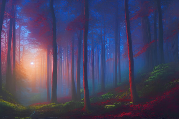 Un dipinto di una foresta con un cielo blu e alberi rossi.