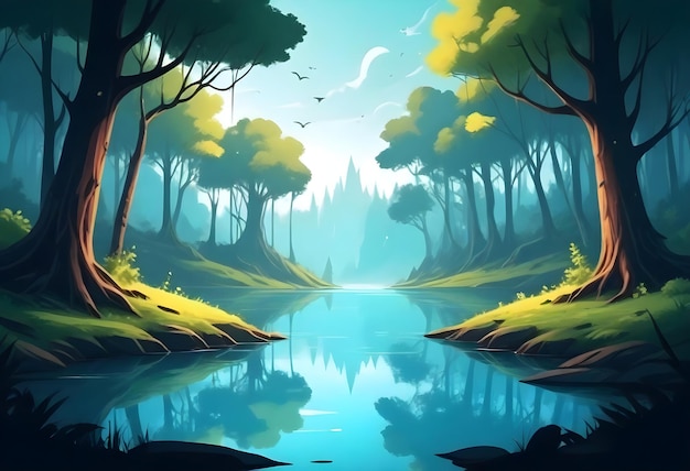 un dipinto di una foresta con un fiume e alberi con un fiude e una foresta with a forest scene in background