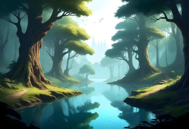 un dipinto di una foresta con un fiume e alberi