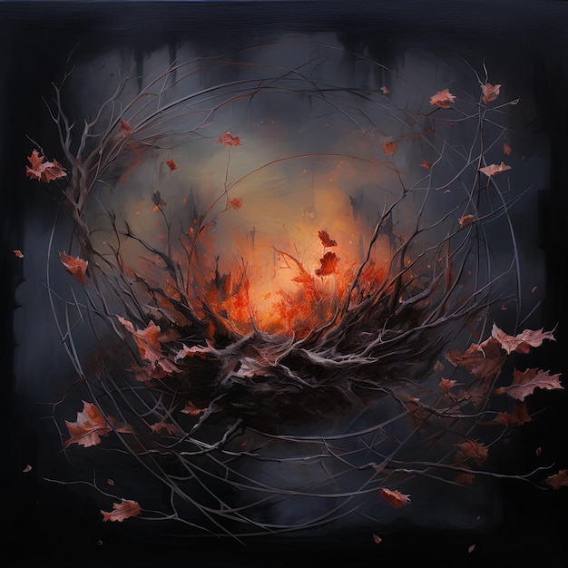 un dipinto di una foresta con un fuoco nel cielo
