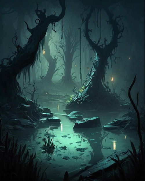 Un dipinto di una foresta con un lago e alberi sullo sfondo.