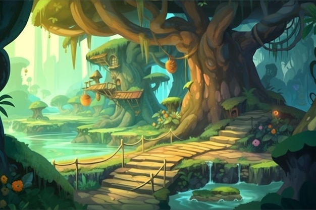 Un dipinto di una foresta con un ponte e una casa sullo sfondo.
