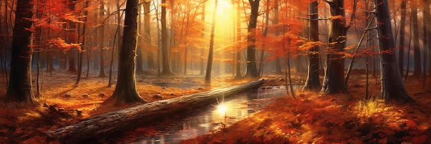 Un dipinto di una foresta con un ruscello in primo piano e il sole che splende tra gli alberi.
